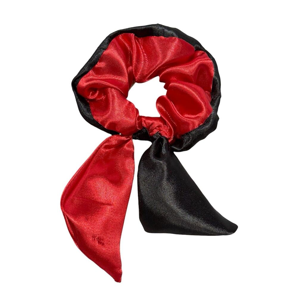 Handmade Red Black Satin Scrunchie Scarf Bow Hair Tie Ponytail Holder - Picture 2 of 11
